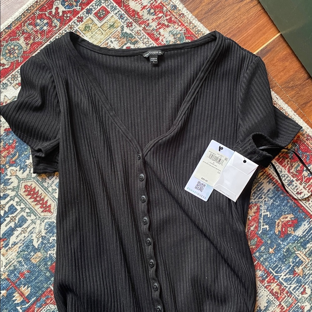 Guess Black Ribbed Button-Down Dress